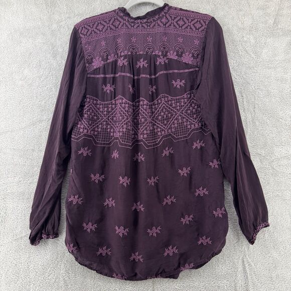 Johnny Was Top S Burgundy Floral Tunic Boho Embroidered V-Neck Long Sleeve - Picture 7 of 13